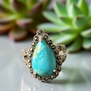 Turquoise, Marcasite & Sterling Silver Split Shank Contemporary Ring